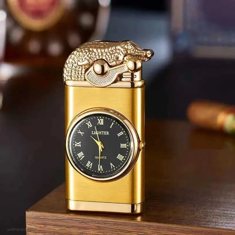 Creative Double Flame Crocodile Lighter with Clock
