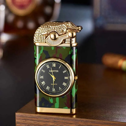 Creative Double Flame Crocodile Lighter with Clock