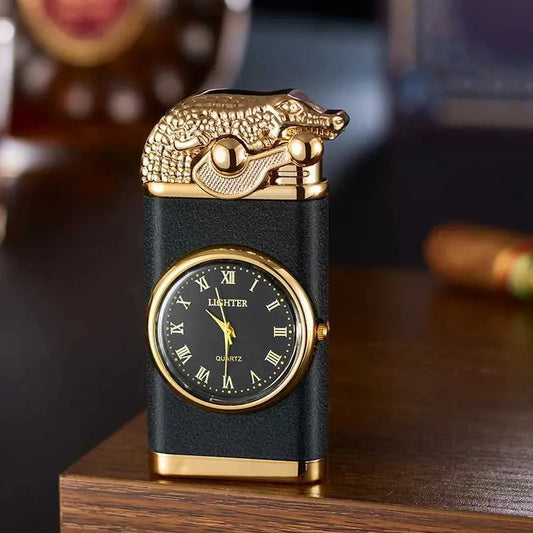 Creative Double Flame Crocodile Lighter with Clock