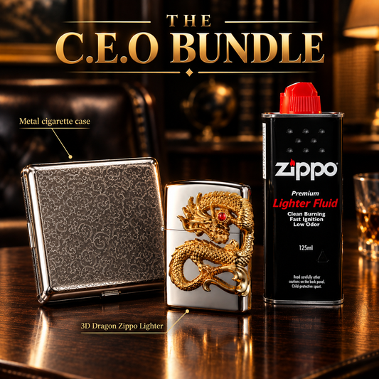 The CEO Bundle-3 in 1 Bundle (3D Dragon zippo lighter+Metal cigarette case+Zippo oil bottle)