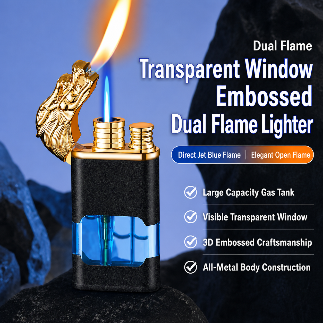 New Dragon Dual Flame Lighter-Large Tank- Refillable