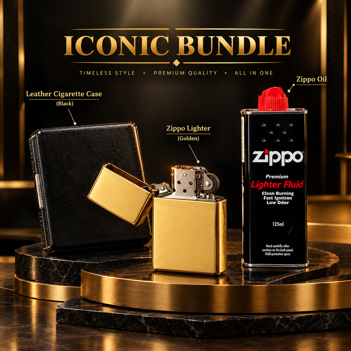 THE ICONIC BUNDLE - 3 in 1 Gift Set (Classic golden Zippo Lighter+Leather Cigarette Case+Zippo oil Bottle) (Copy) (Copy) (Copy)