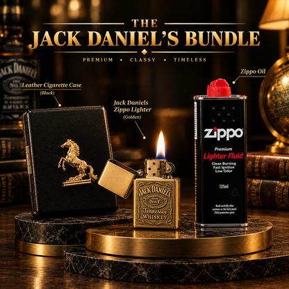 THE JACK DANIELS BUNDLE - 3 in 1 Gift Set (Golden Jack Daniels Zippo Lighter+Stallion Cigarette Case+Zippo oil Bottle) (Copy)