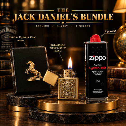 THE JACK DANIELS BUNDLE - 3 in 1 Gift Set (Golden Jack Daniels Zippo Lighter+Stallion Cigarette Case+Zippo oil Bottle) (Copy)