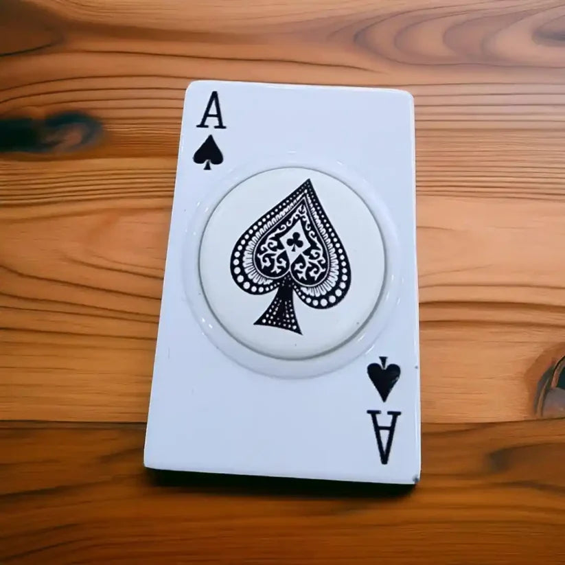 Ace of Spades Poker Lighter standing upright displaying the complete design in white