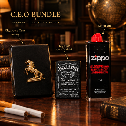THE SIGNATURE SET - 3 in 1 Gift Set (Jack Daniels Zippo Lighter+Stallion Cigarette Case+Zippo oil Bottle)