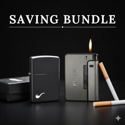 Saving Bundle- Classic black zippo lighter+Focus Aluminium cigarette case