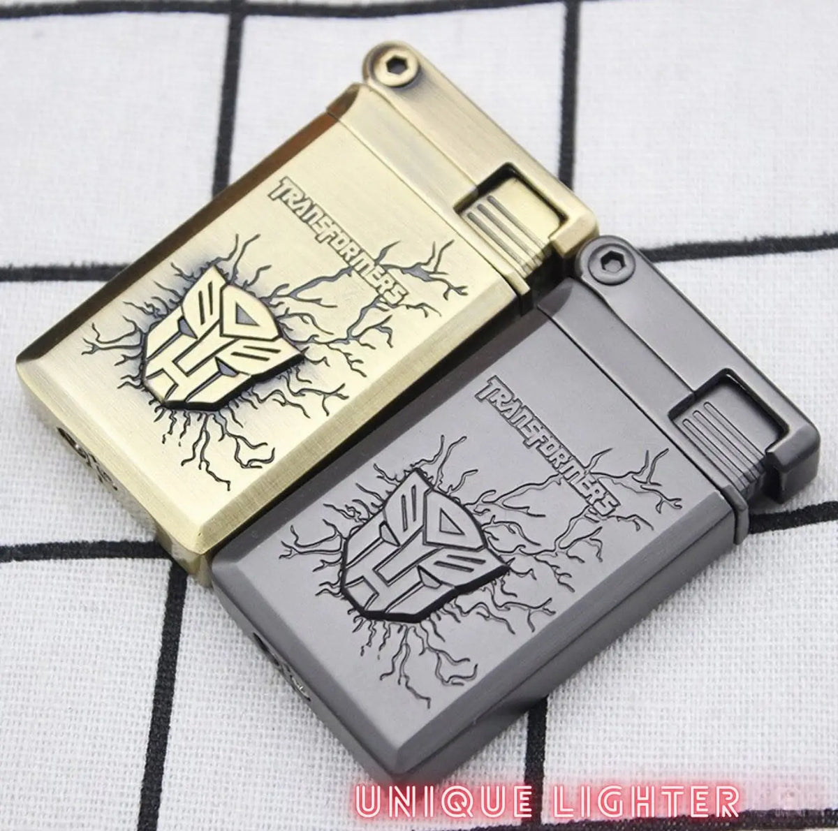 Close-up of the Autobot emblem on the metal jet flame lighter