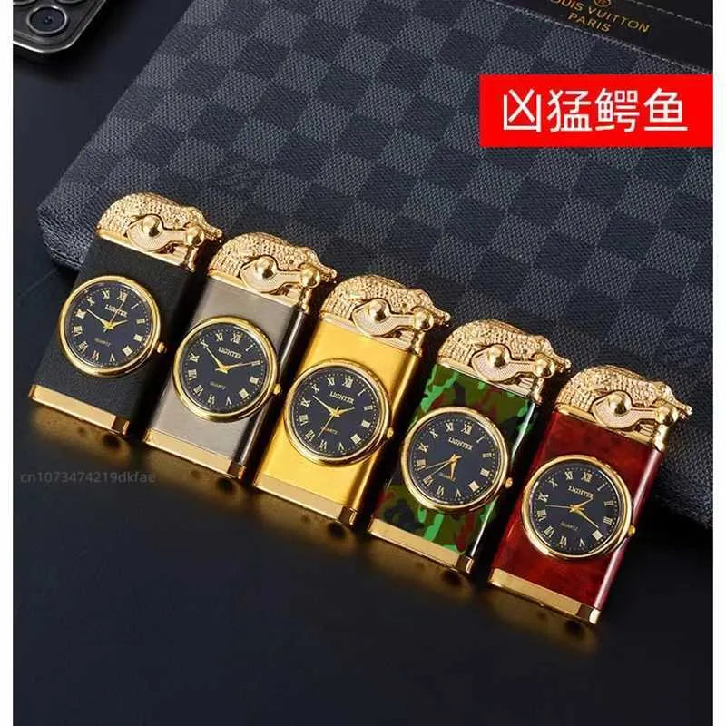Creative Double Flame Crocodile Lighter with Clock