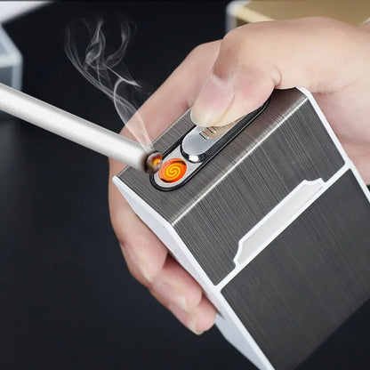 Portable USB Rechargeable Electric Lighter + 20 Cigarette Case Flameless / Windproof Lighter Best Gift for Smokers