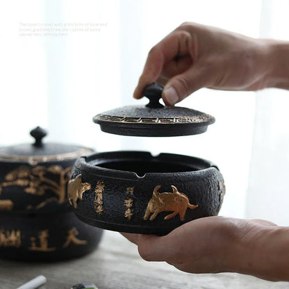 Black Ceramic Ashtray with Lid Gold Border