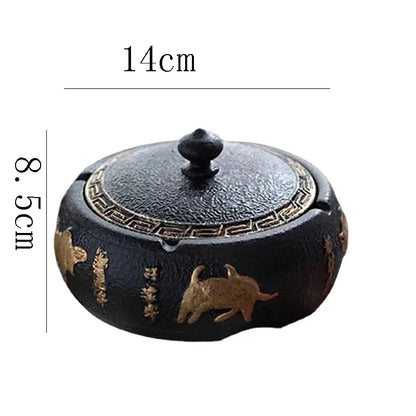 Black Ceramic Ashtray with Lid Gold Border