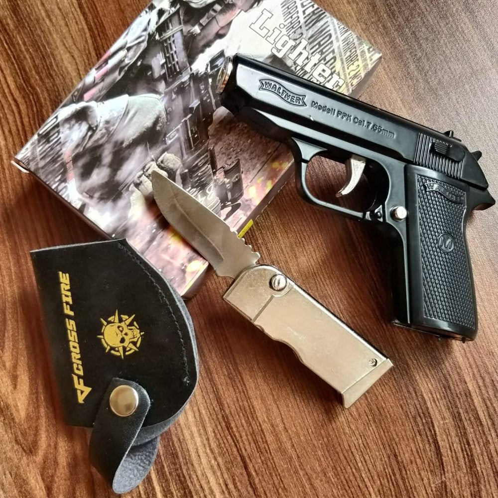 Metal Gun Lighter with Knife