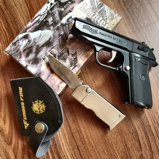 Metal Gun Lighter with Knife
