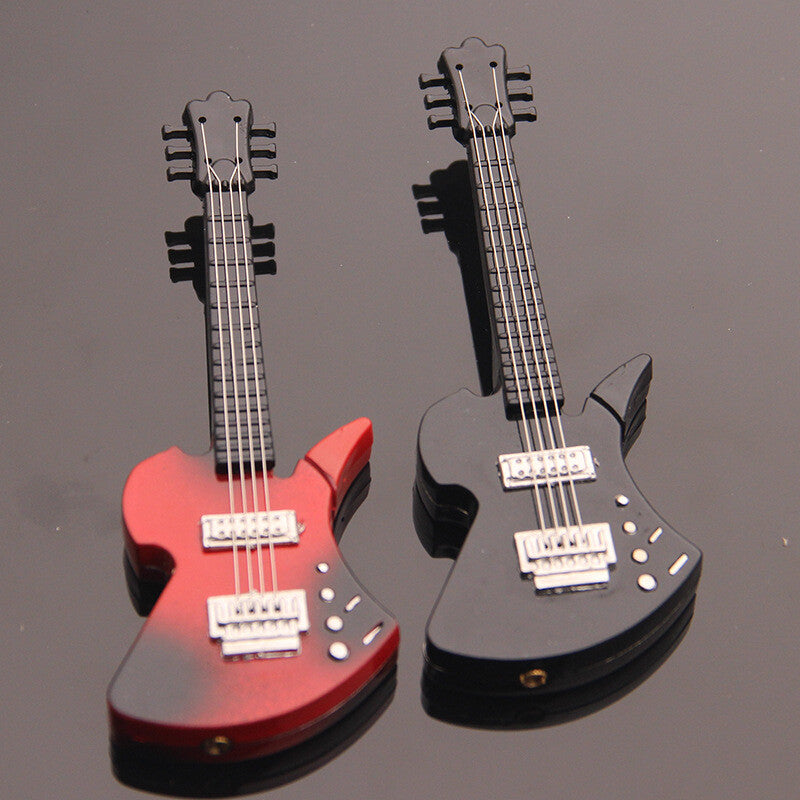 Red sunburst and black sunburst guitar-shaped lighters with three pickups