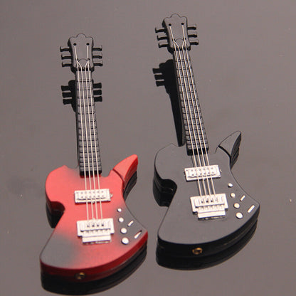 Red sunburst and black sunburst guitar-shaped lighters with three pickups