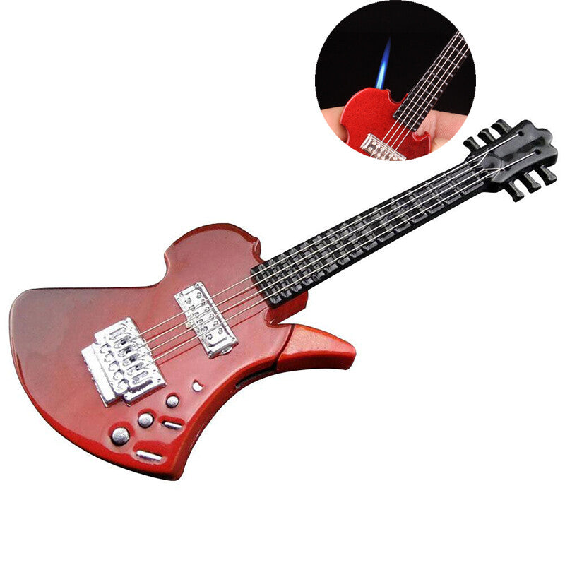 Red miniature electric guitar-shaped torch lighter with silver hardware